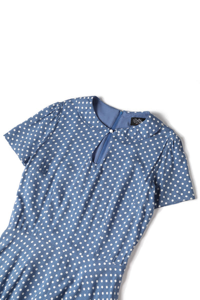 Evelyn Peter Pan Collar Keyhole Cutout Dress - Soft Blue & White Polka, Fully Lined