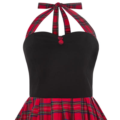 EU STOCK Sophia Rockabilly Halter Neck Swing Dress in Black & Red Check