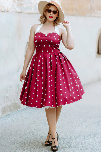 Sophia Rockabilly Halter Neck Swing Dress in Burgundy and White Polka Dot