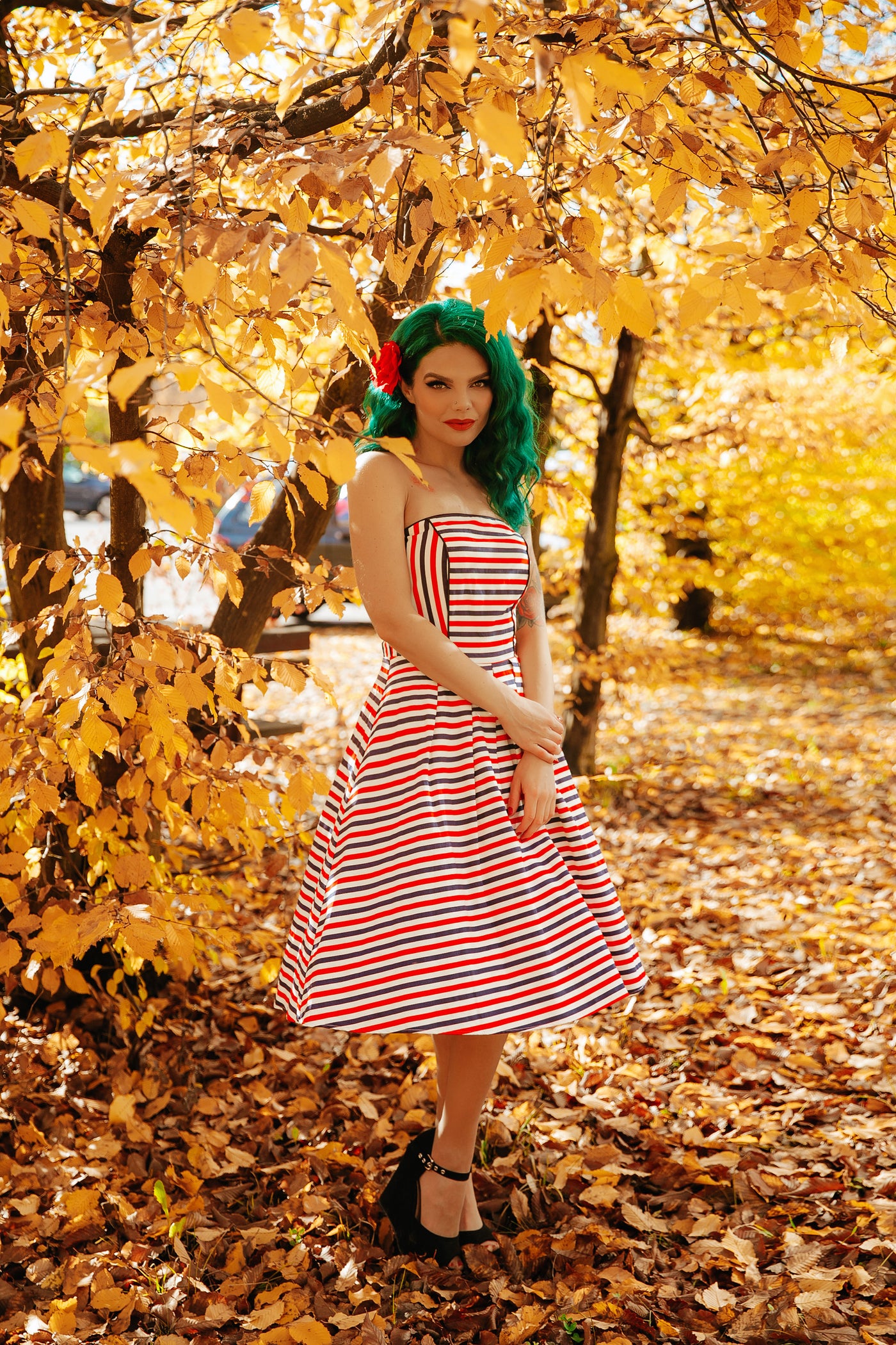 Sophie Strapless Dress in Red Blue & White Striped