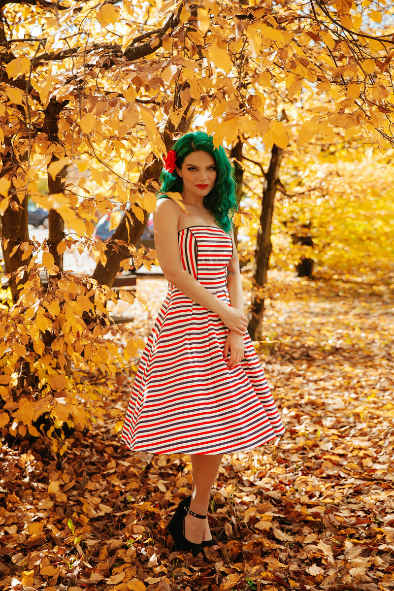 Sophie Strapless Dress in Red Blue & White Striped