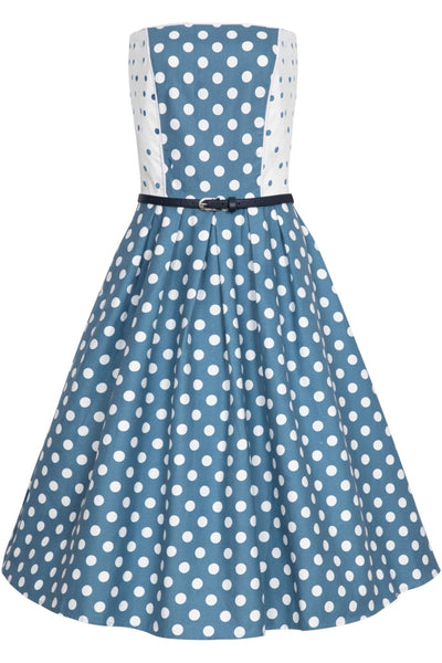 PRE-ORDER Sophie Strapless Pin Up Dress in Pale Blue & White Luxury Polka Dot