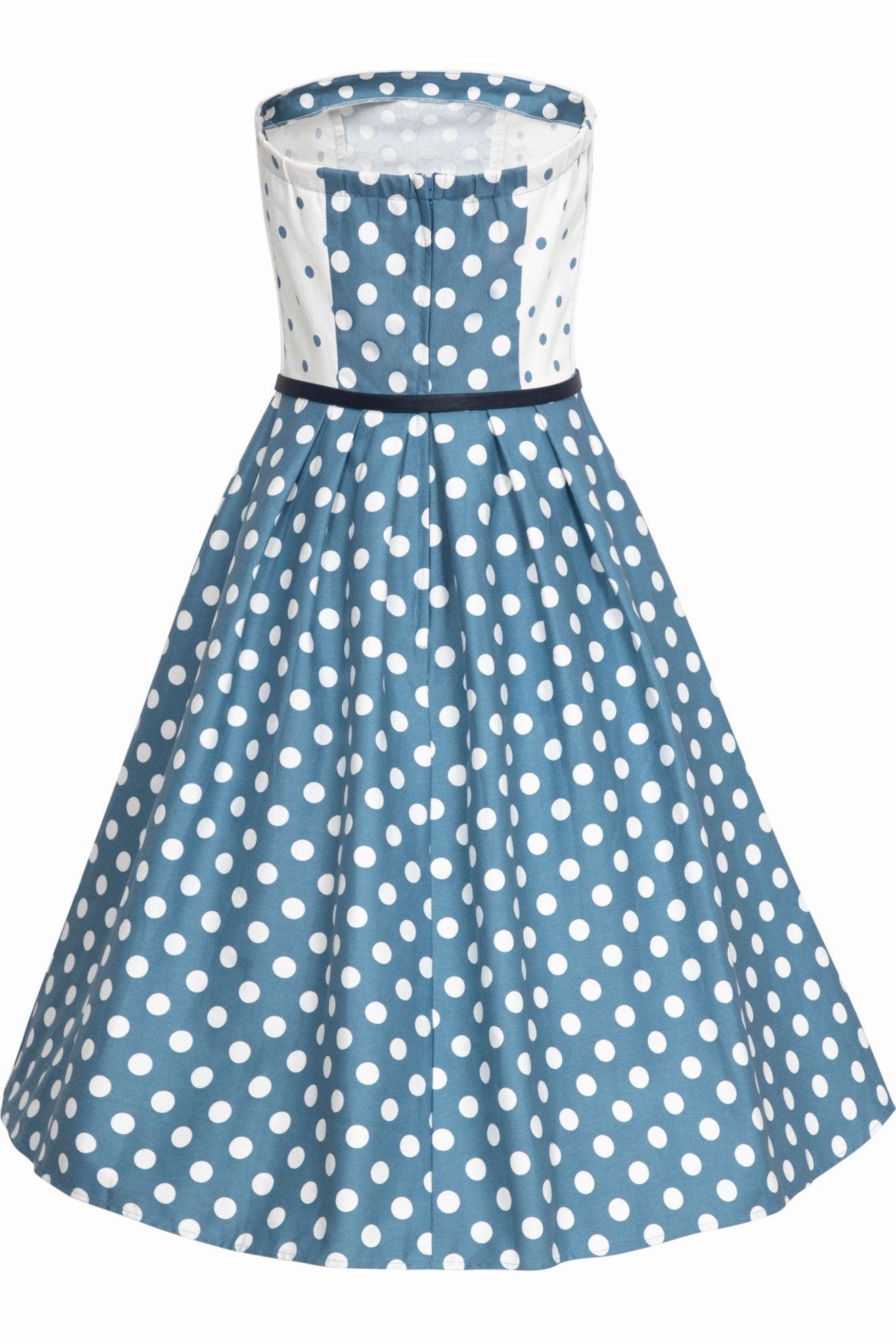 PRE-ORDER Sophie Strapless Pin Up Dress in Pale Blue & White Luxury Polka Dot