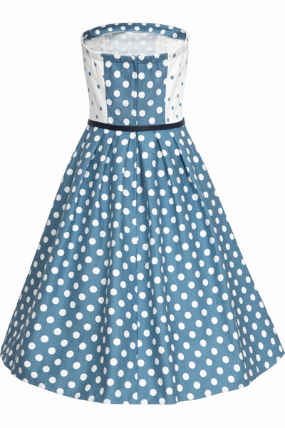 PRE-ORDER Sophie Strapless Pin Up Dress in Pale Blue & White Luxury Polka Dot