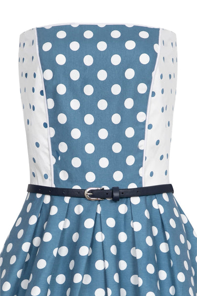 PRE-ORDER Sophie Strapless Pin Up Dress in Pale Blue & White Luxury Polka Dot