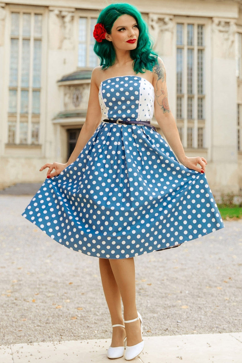 PRE-ORDER Sophie Strapless Pin Up Dress in Pale Blue & White Luxury Polka Dot