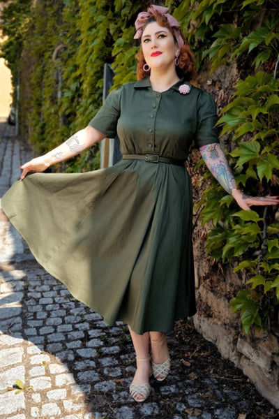 Penelope Army Green Rockabilly Plain Shirt Dress