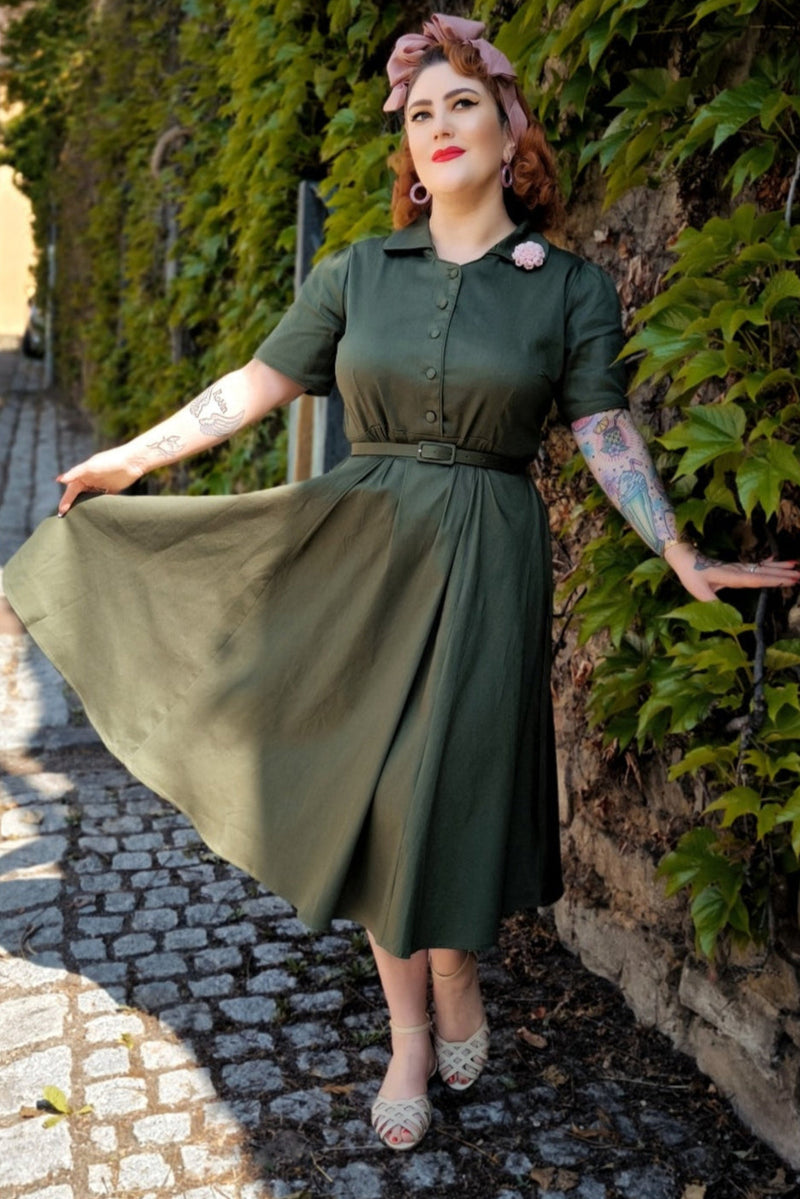 Penelope Army Green Rockabilly Plain Shirt Dress