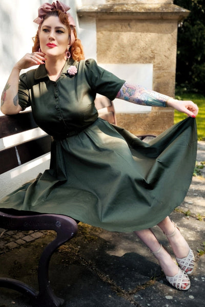 Penelope Army Green Rockabilly Plain Shirt Dress