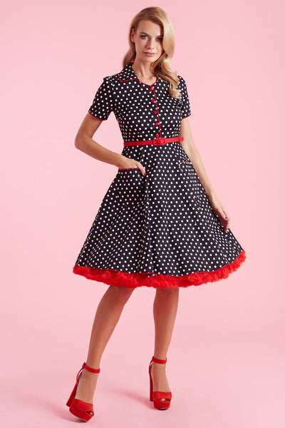 EU Stock-Penelope Rockabilly Black Polka Dot Shirt Dress