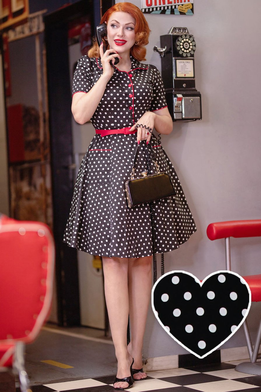 EU Stock-Penelope Rockabilly Black Polka Dot Shirt Dress