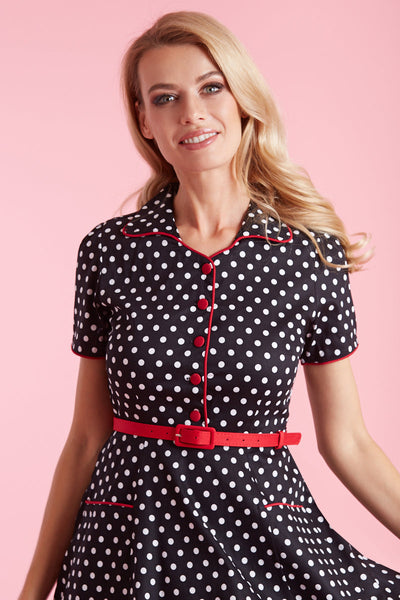 EU Stock-Penelope Rockabilly Black Polka Dot Shirt Dress