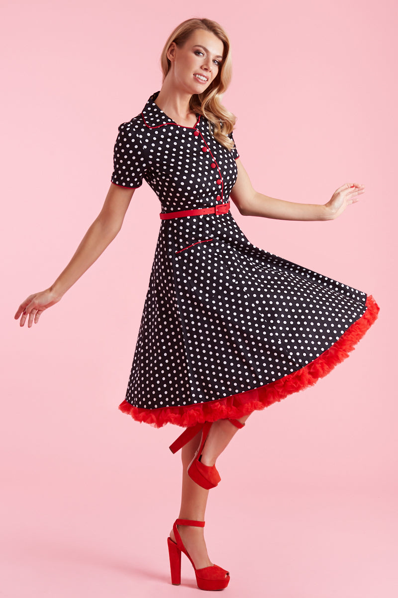 EU Stock-Penelope Rockabilly Black Polka Dot Shirt Dress