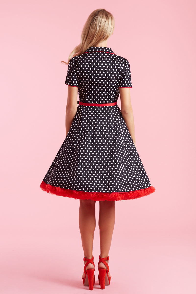 EU Stock-Penelope Rockabilly Black Polka Dot Shirt Dress
