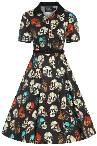 Penelope Rockabilly Black Skull Print Shirt Dress