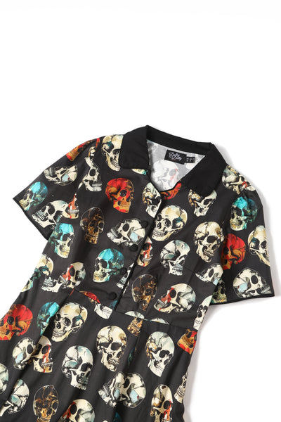 Penelope Rockabilly Black Skull Print Shirt Dress