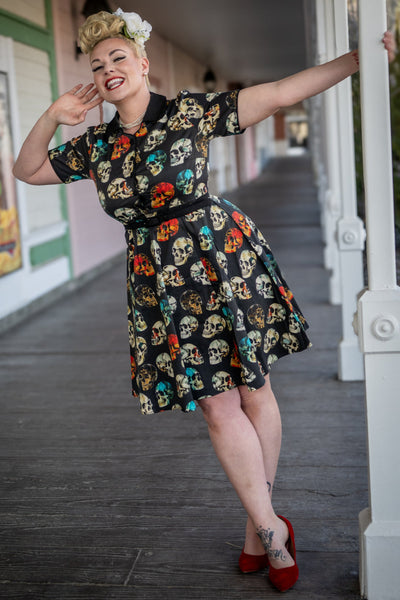 Penelope Rockabilly Black Skull Print Shirt Dress