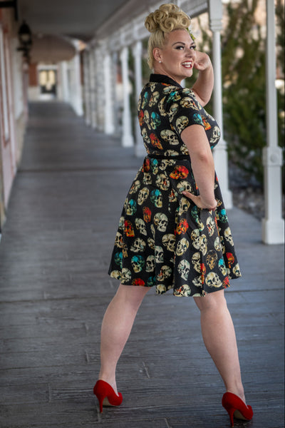 Penelope Rockabilly Black Skull Print Shirt Dress
