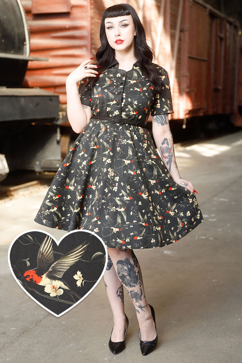 Penelope Rockabilly Black Bird & Floral Print Shirt Dress
