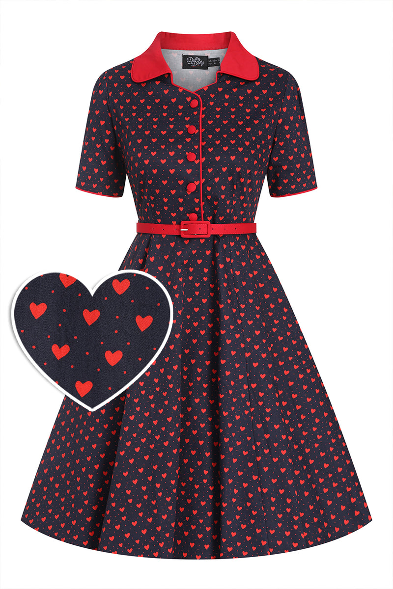 PRE-ORDER Penelope Rockabilly Black Heart Print Shirt Dress