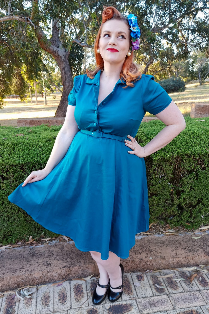 EU STOCK Penelope 1950s Inspired Blue Shirt Dress