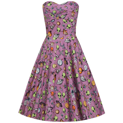 EU Stock-Melissa Rockabilly Strapless Party Dress in Purple Space Print