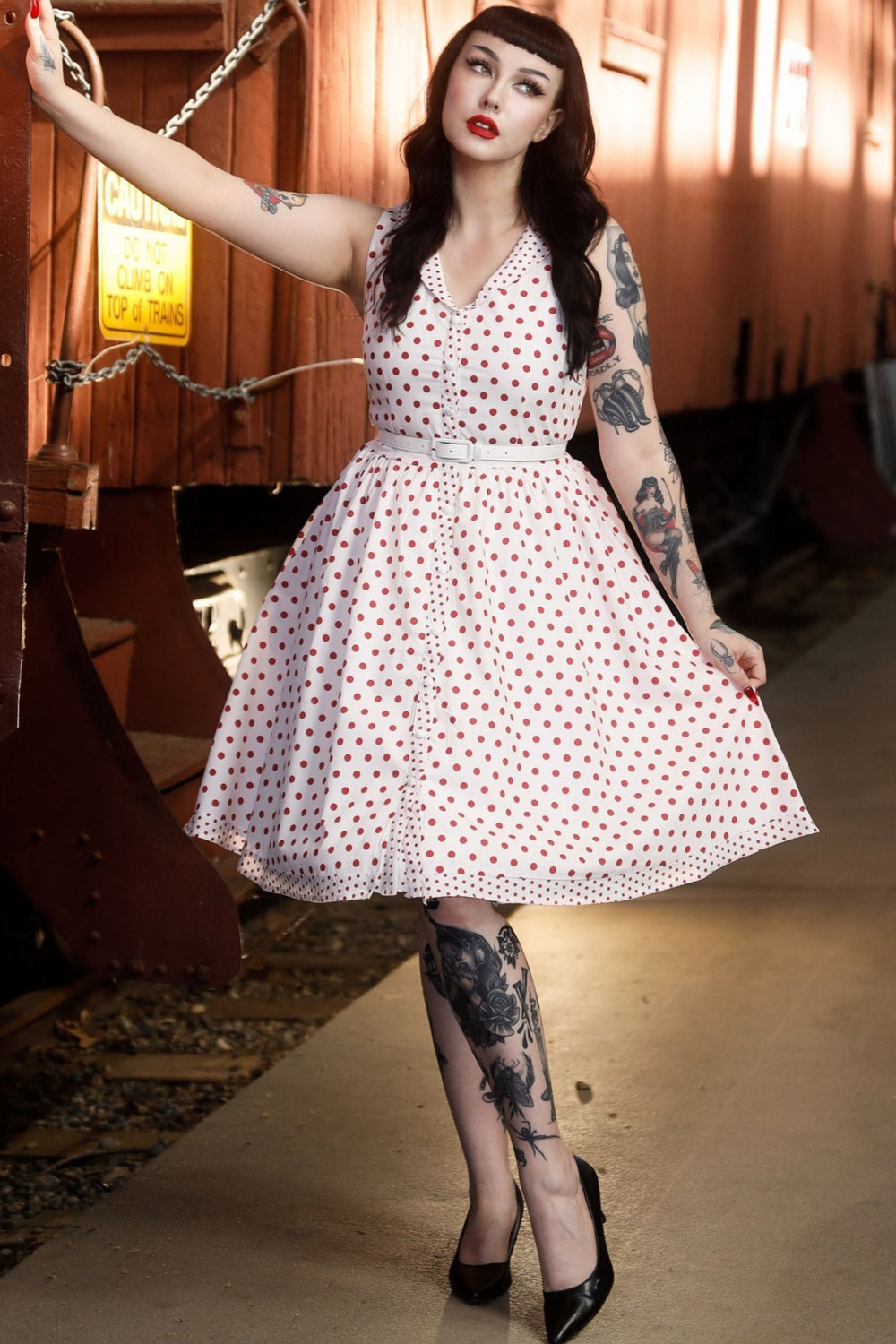 EU STOCK Maverick Red/White Polka Dot Flared Dress