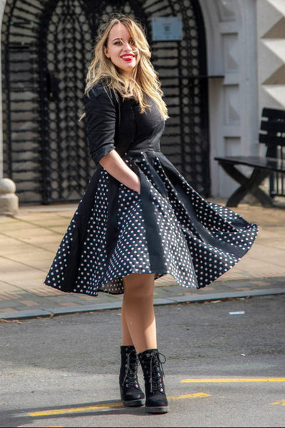 Judith Cotton Retro Pleated Dress in Black Polka Dots