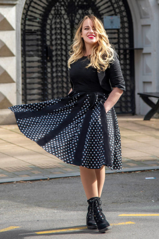 Judith Cotton Retro Pleated Dress in Black Polka Dots
