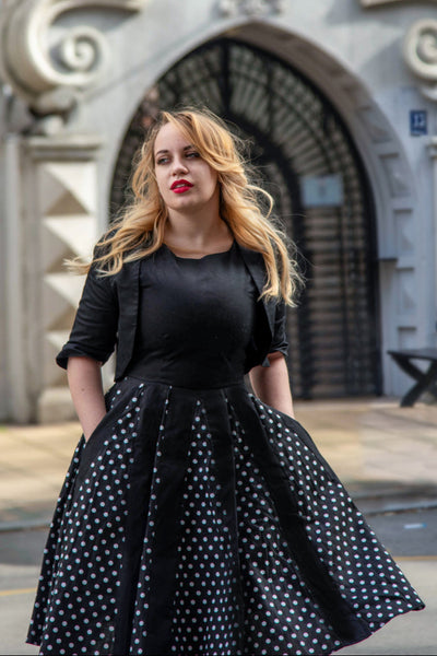 Judith Cotton Retro Pleated Dress in Black Polka Dots