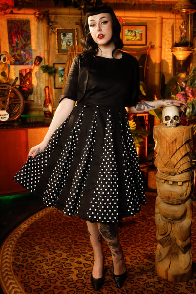 Judith Cotton Retro Pleated Dress in Black Polka Dots
