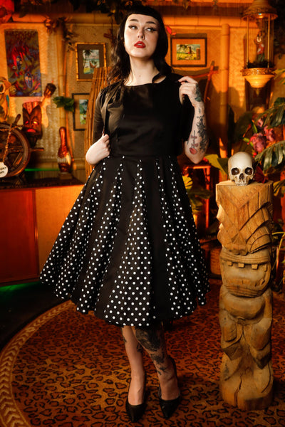 Judith Cotton Retro Pleated Dress in Black Polka Dots