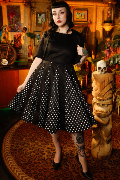 Judith Cotton Retro Pleated Dress in Black Polka Dots