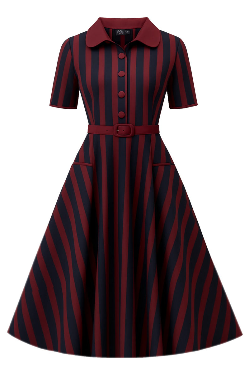 PRE ORDER Penelope II Burgundy & Navy Striped Retro Shirt Dress