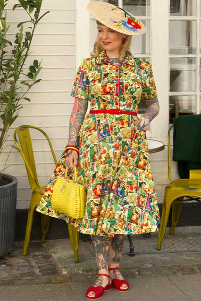 Penelope II Yellow Rockabilly Comic Print Shirt Dress