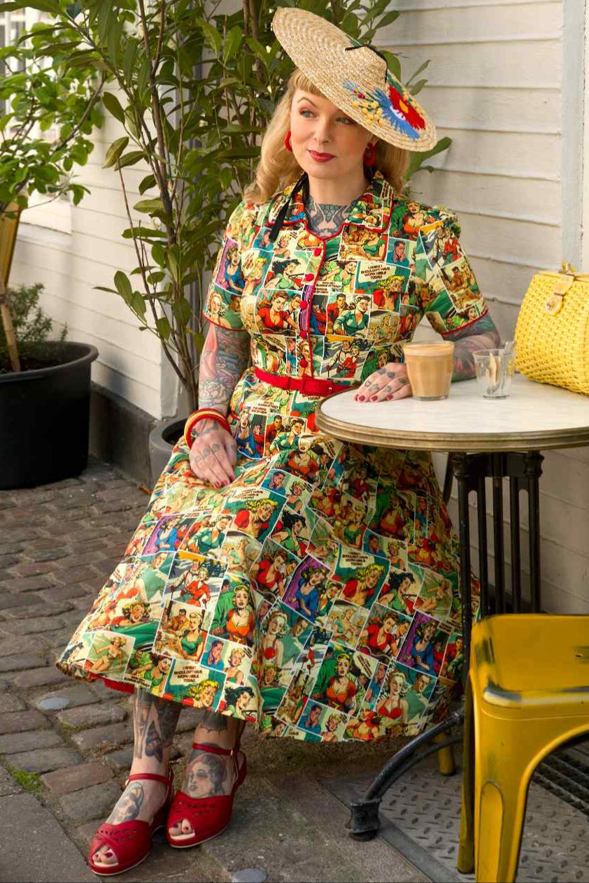 Penelope II Yellow Rockabilly Comic Print Shirt Dress