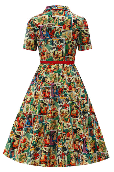 EU STOCK Penelope II Yellow Rockabilly Comic Print Shirt Dress