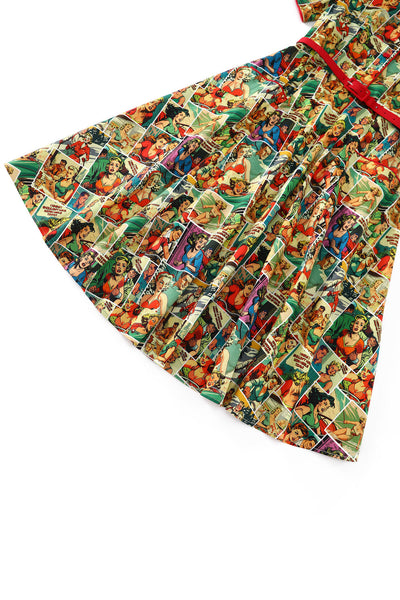 EU STOCK Penelope II Yellow Rockabilly Comic Print Shirt Dress