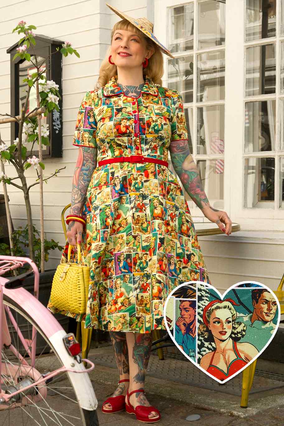 Penelope II Yellow Rockabilly Comic Print Shirt Dress