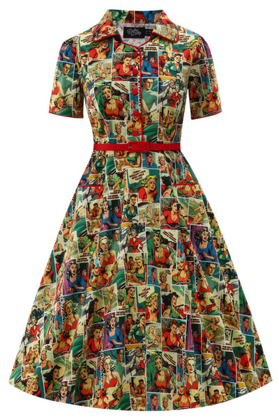 EU STOCK Penelope II Yellow Rockabilly Comic Print Shirt Dress