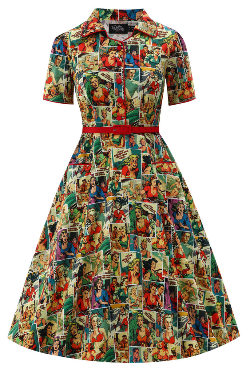 EU STOCK Penelope II Yellow Rockabilly Comic Print Shirt Dress