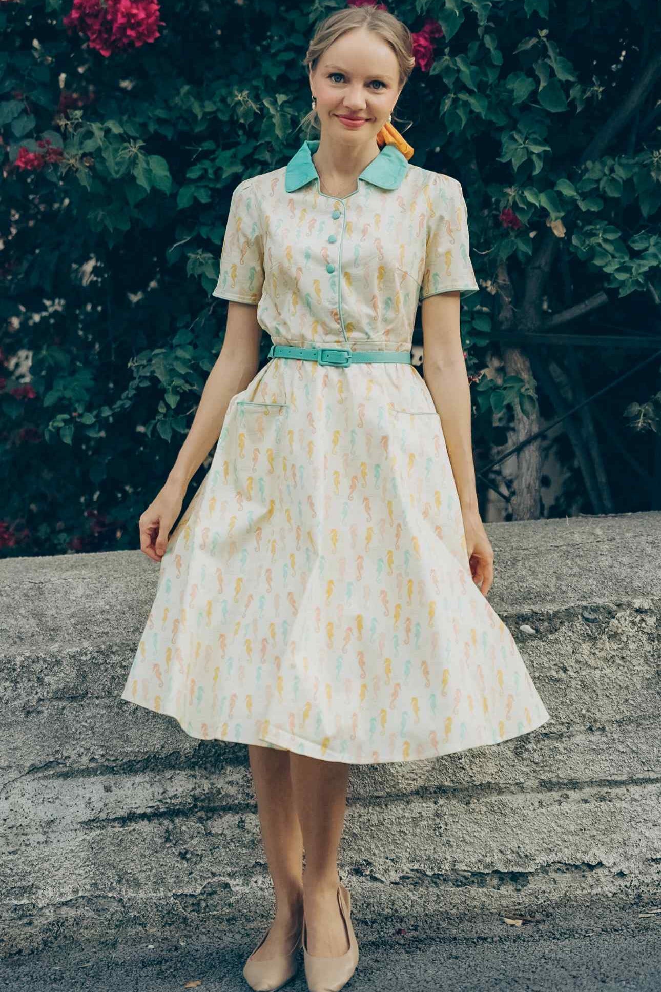 Penelope II Cream Rockabilly Pastel Seahorse Print Shirt Dress