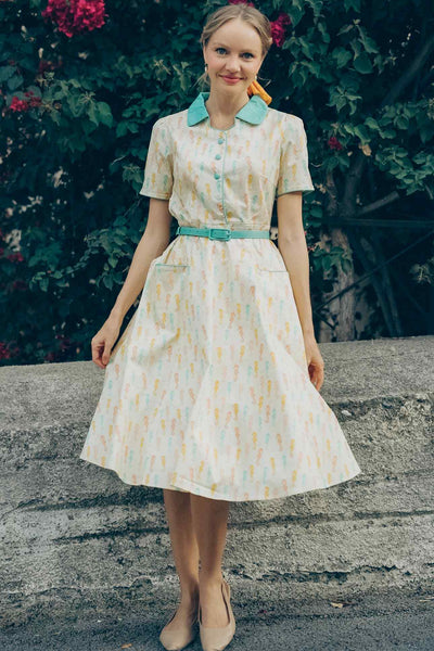 Penelope II Cream Rockabilly Pastel Seahorse Print Shirt Dress