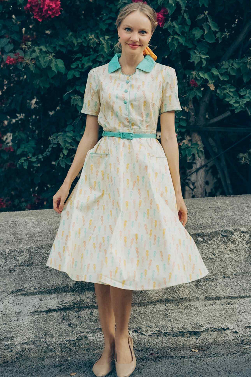 Penelope II Cream Rockabilly Pastel Seahorse Print Shirt Dress