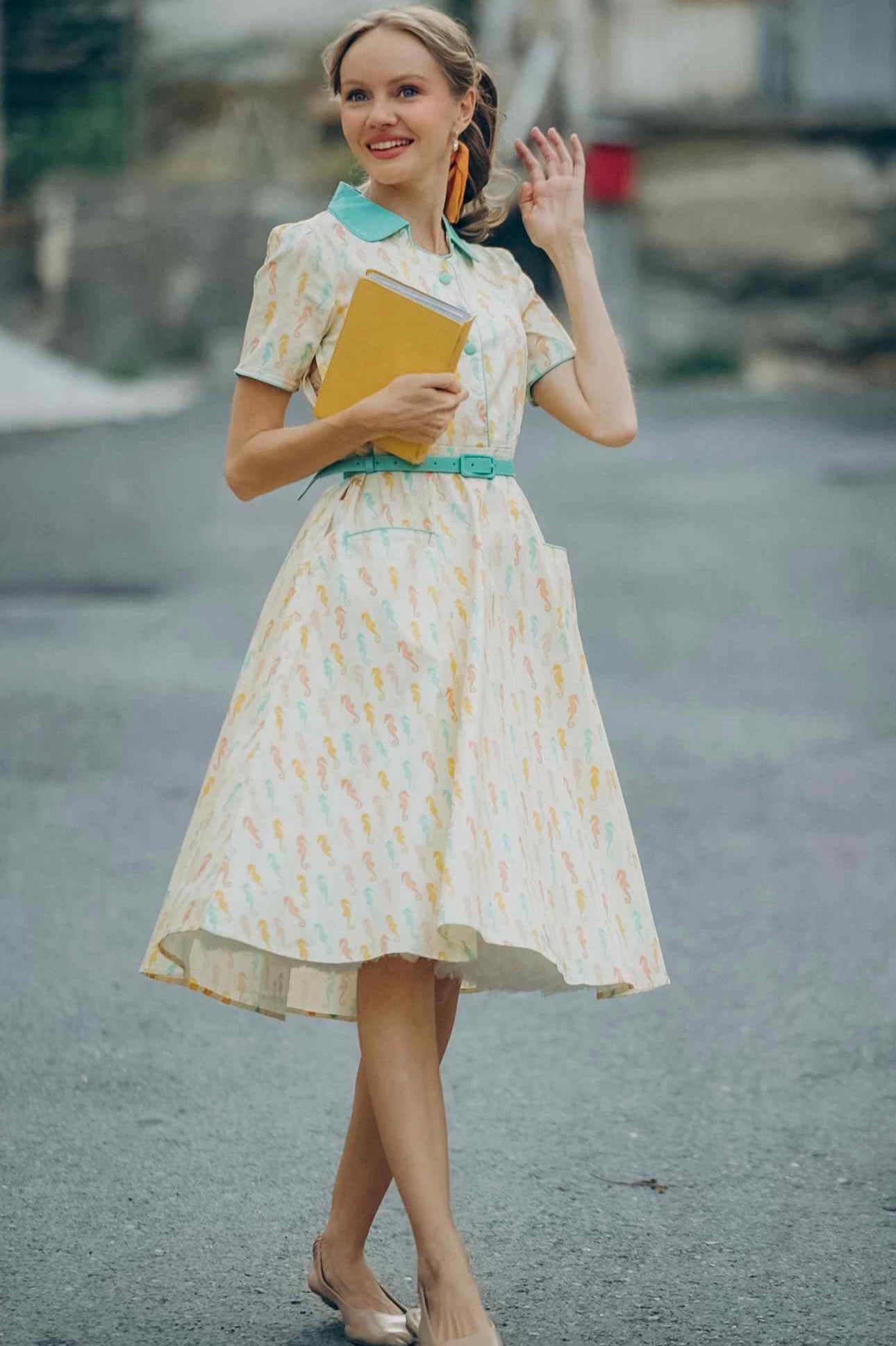 Penelope II Cream Rockabilly Pastel Seahorse Print Shirt Dress