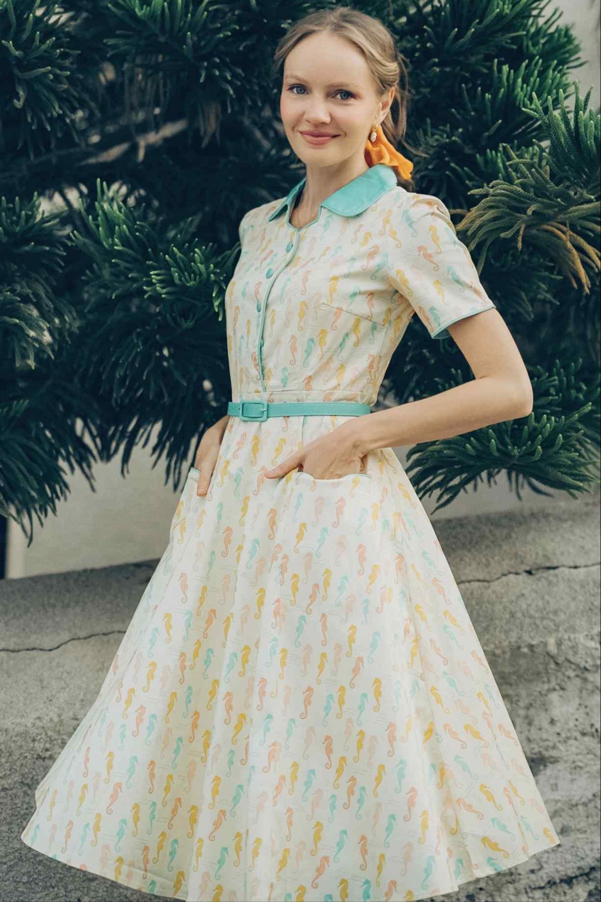 Penelope II Cream Rockabilly Pastel Seahorse Print Shirt Dress