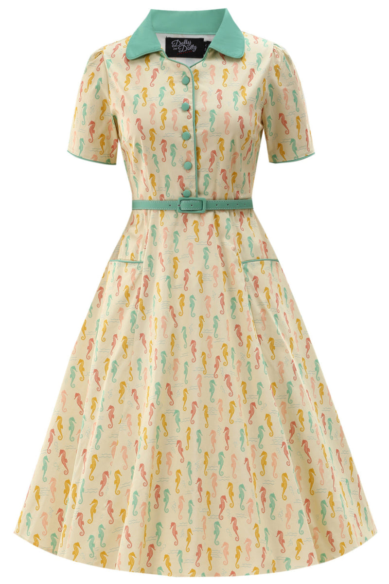 PRE ORDER Penelope II Cream Rockabilly Pastel Seahorse Print Shirt Dress