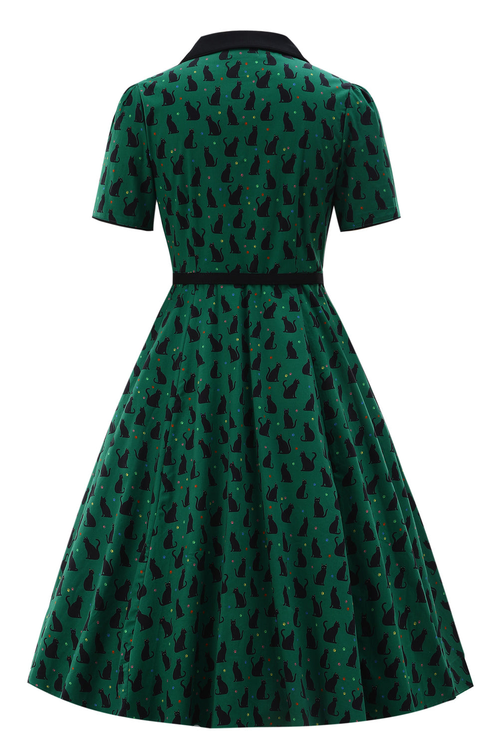 PRE ORDER Penelope II Green Rockabilly Black Cat Print Shirt Dress