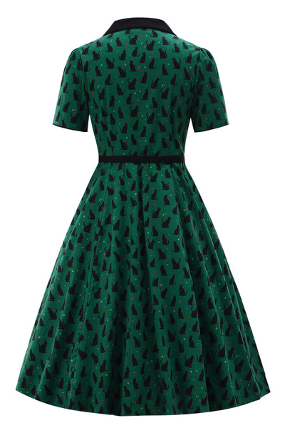 PRE ORDER Penelope II Green Rockabilly Black Cat Print Shirt Dress