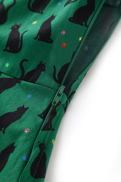 PRE ORDER Penelope II Green Rockabilly Black Cat Print Shirt Dress